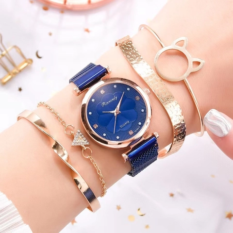 Orologio Al Quarzo Da Donna Con Quadrante A Motivo Floreale Strass Cinturino In Maglia Metallica Magnetica Casual