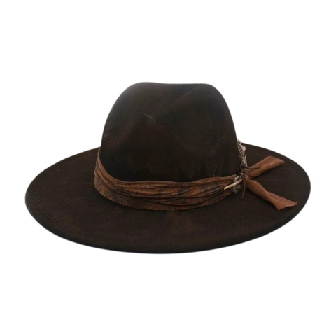 Vintage Distressed Polyester Fedora Hat With Feather Decoration Wide Brim Retro Western Cowboy Style Travel Accessory