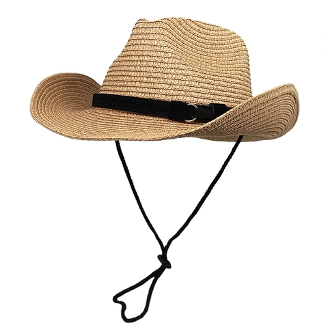 Western Cowboy Straw Hat Sun Protection Wide Brim Beach Jazz Hat With Belt Buckle And Adjustable Wind Lanyard