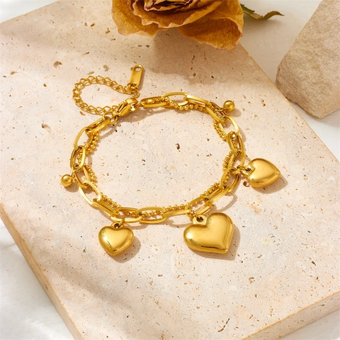 Double Layer Heart Pendant Bracelet Stainless Steel Layered Oval Link Round Bead Chain Adjustable Fashion Jewelry Women