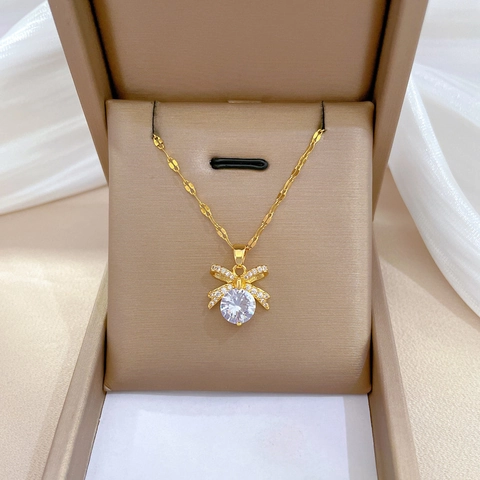 Collana Con Pendente A Fiocco Catena In Acciaio Inossidabile Titanio Rame Zircone Micro Pavè Gioielli Di Lusso Per Donna