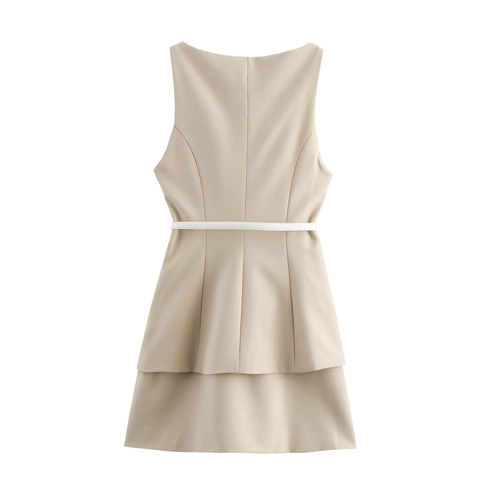 Vestido Mini Sin Mangas Elegante Color Sólido Poliéster Estilo Urbano Con Cinturón Para Mujer