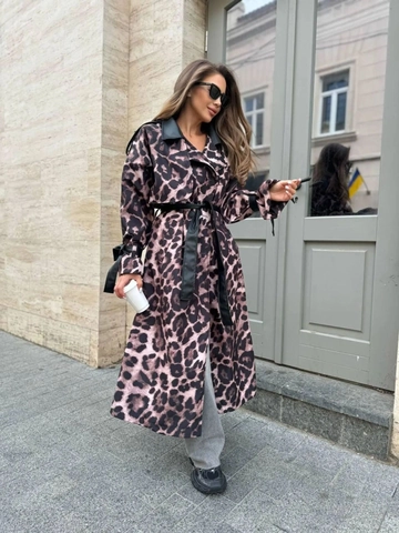 Lange Dames Trenchcoat Met Luipaardprint En Kunstleren Revers Lange Jas Met Riem Windjack Bovenkleding