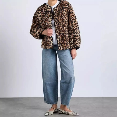 Veste Matelassée Léopard Femme Col Rond Manteau En Coton Léger Fermeture À Boutons Style Rétro Élégant Extérieur