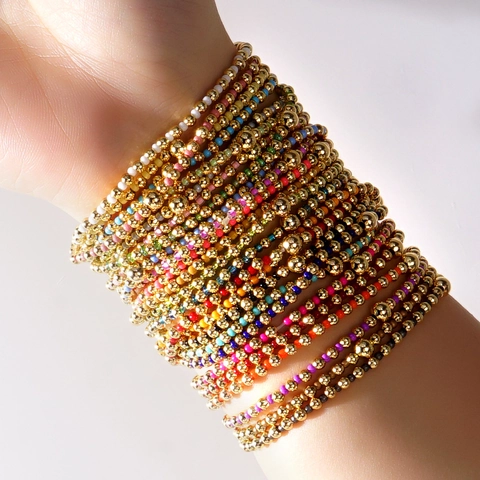 Beaded Bracelet Women Elastic Semi Precious Stone With Gold Plated Metal Beads Bohemian Stackable Minimalist Jewelry