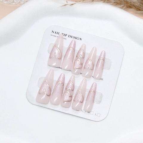 Press On Nails Cat Eye Dreamy Purple 3D Heart Design Stiletto Shape Reusable ABS Plastic Handmade False Nails For Women