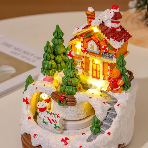 Decoración de Navidad Casa de Nieve Musical Luminosa de Resina Candy Shop con Tren Giratorio Luz LED Regalo de Navidad