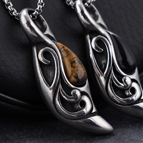 Vintage Teardrop Pendant Necklace Stainless Steel Hollow Leaf Design Inlaid Tiger Eye Stone Black Onyx Jewelry