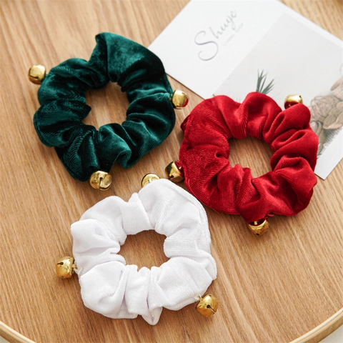 Christmas Hair Scrunchies Velvet Elastic Hair Ties With Golden Bells Holiday Festive Hair Accessories For Women