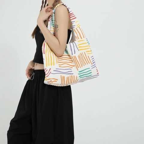 Women Large Capacity Canvas Tote Bag Strawberry Flower Rainbow Printed Casual Shoulder Bag Fashion Shopping Handbag