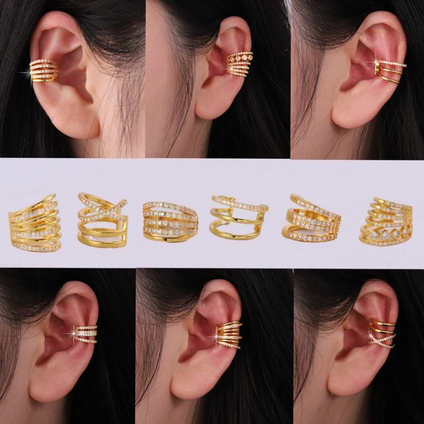 Orecchini Ear Cuff Multistrato Senza Buco Rame Placcato Oro Zirconia Gioielli Di Cartilagine Per Donne