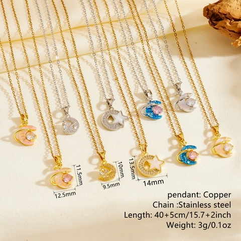 Collier Pendentif Lune Étoile Avec Chaîne En Acier Inoxydable Cuivre Zircon Strass Bijoux Célestes Pour Femmes
