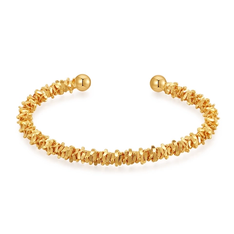 Brazalete Abierto de Cobre Minimalista para Mujer Chapado en Oro 18K Textura Irregular Pulsera Con Cuentas Joyería