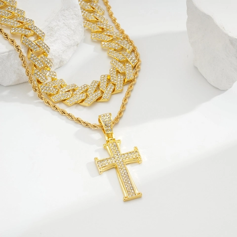 Collana Con Pendente A Croce Lega Di Zinco Strass Completi Iced Out Catena Cubana Gioielli Hip Hop Lusso Per Uomo