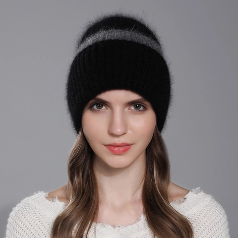 Berretto In Maglia A Righe Misto Pelo Di Coniglio Per Donna Inverno Caldo Spesso Morbido Bicolore Casual