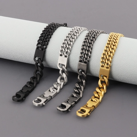Brushed Stainless Steel Double Layer Cuban Chain Bracelet For Men Punk Hip Hop Industrial Style Matte Jewelry