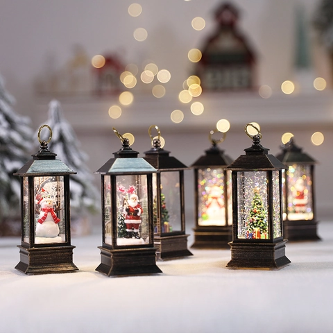 Christmas Retro Square Lantern LED Decorative Ornament Vintage Santa Claus Snowman Christmas Tree Light Up Glitter Liquid Lantern Festive Home Decor Holiday Lamp