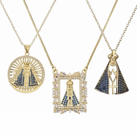 Religious Virgin Mary Cross Pendant Necklace Gold Plated Copper With Cubic Zirconia Retro Fashion Jewelry