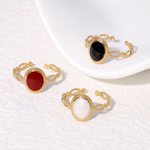 Vintage Adjustable Ring For Women 18K Gold Plated Stainless Steel French Style Oval Enamel Open Band Retro
