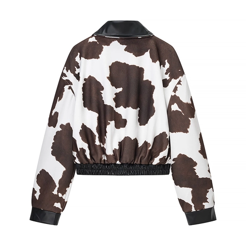 Damen Jacke Mit Kuhmuster Plüsch Kunstpelz Kunstleder Patchwork Reißverschluss Revers Langarm Casual Streetwear Mantel