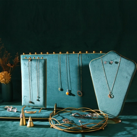 Green Velvet Jewelry Display Stand Gold Metal Necklace Holder Rack Ring Cone Tray Luxury Store Counter Props