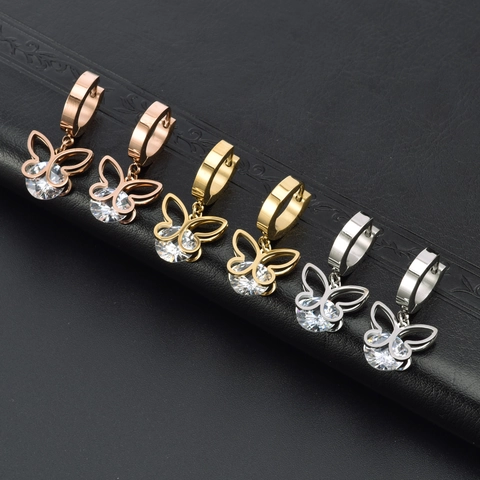 Schmetterling Anhänger Creolen Edelstahl Hohl Design Mit Zirkonia Modeschmuck Für Frauen