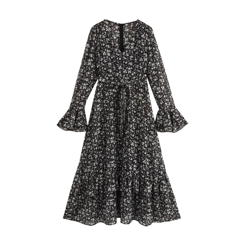 Bloemen Maxi Jurk Polyester Diepe V-Hals Lange Uitlopende Mouwen Hoge Taille Elegante Franse Retro Stijl Voor Dames