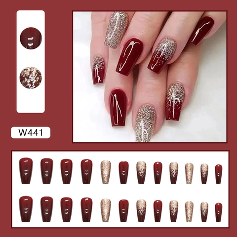 Press On Nails Burgundy Gold Glitter Gradient Long Coffin Ballerina Shape Glossy Removable Fake Nails For Women Party