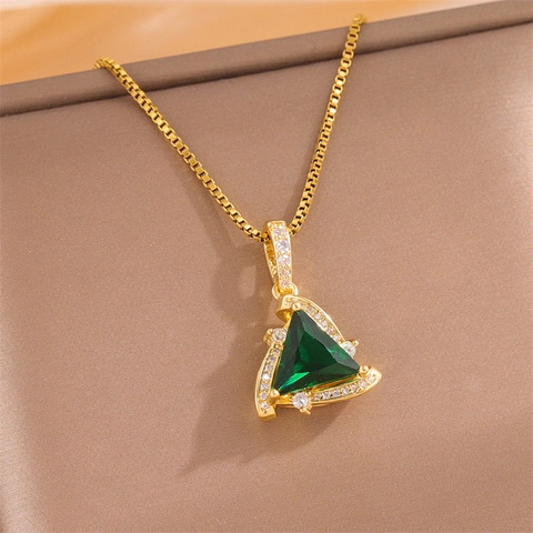 Collana Pendente Triangolo Acciaio Inossidabile Con Cristallo Verde E Zircone Placcato Oro Catena Scatola Gioielli Eleganti