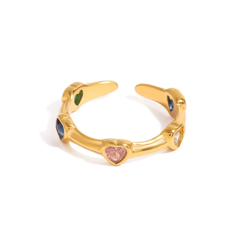 Stainless Steel 18K Gold Plated Open Ring With Colorful Heart Zircon Adjustable Elegant Vintage Jewelry For Women