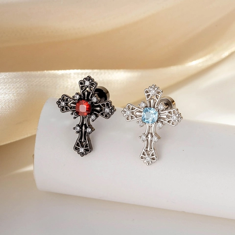 Vintage Hollow Cross Cartilage Earring Stud Titanium Steel Copper Zircon Square Gemstone Retro Piercing Jewelry Unisex