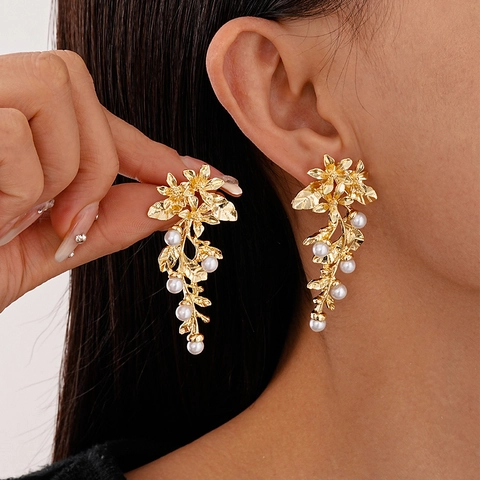 Pendientes Colgantes Flor Hoja Perla Artificial Imitación Aleación Con Poste Plata Esterlina 925 Elegante Joyería Floral Dorada