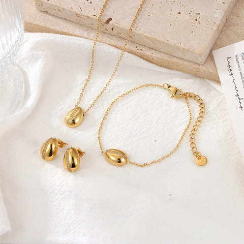 Collar Pulsera Y Pendientes De Acero Inoxidable Con Colgante De Grano Ovalado Joyas Geométricas Para Mujeres