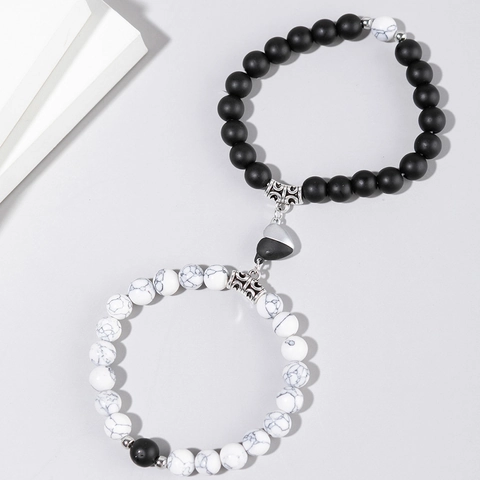 Beaded Couples Magnetic Attraction Bracelet Natural Stone Alloy Heart Charm Braided Cord Adjustable Romantic Jewelry