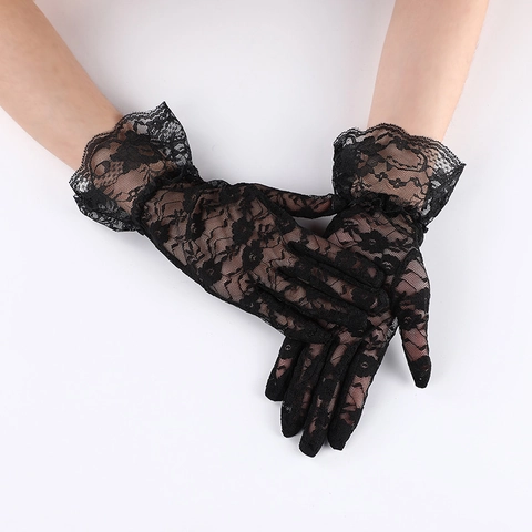 Women Girls Elegant Floral Lace Gloves Short Frilly Ruffled Cuffs Mesh Sunscreen Formal Wedding Party Evening Opera Accessories