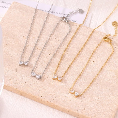 Stainless Steel Bowknot Pendant Necklace Minimalist Rhinestone Inlaid Clavicle Chain Bracelet For Women Elegant Jewelry Gift