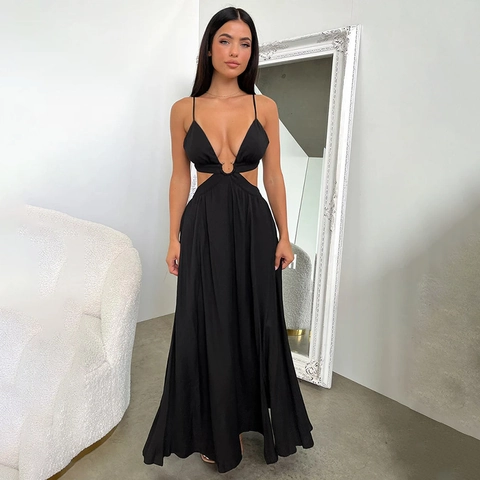 Sexy Cutout Maxi Dress Deep V Neck Backless High Slit Polyester Spandex Vacation Party Streetwear Long Dress Women