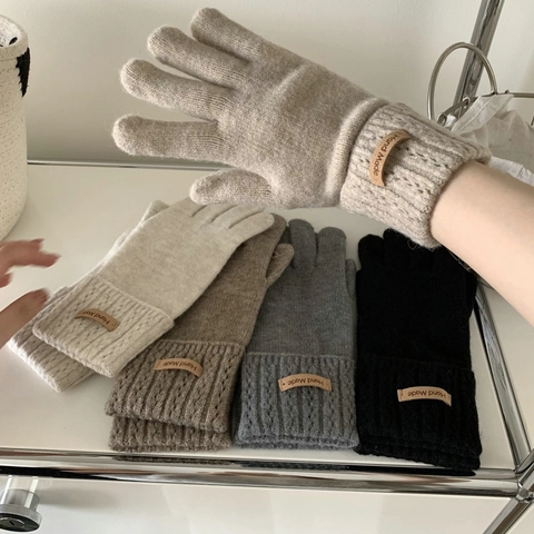 Guanti In Maglia Di Cashmere Da Donna Invernali Caldi Spessi Touchscreen Dita Intere Etichetta In Pelle Moda