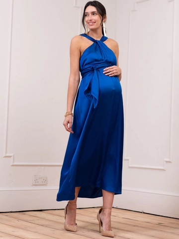 Abito Premaman Raso Senza Maniche Scollo A V Halter Elegante Tinta Unita Maxi Vestito Gravidanza