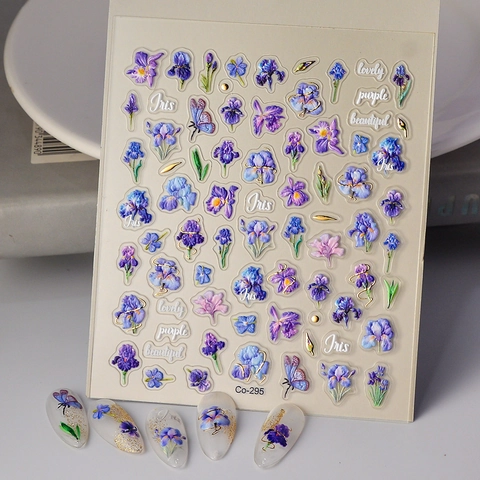5D Relief Nail Stickers Purple Iris Flower Butterfly Pattern Gold Bronzing Embossed Waterproof Manicure Decoration For Women