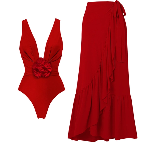 Women Monokini And Wrap Skirt Polyester Floral Decoration Deep V Neck High Elastic Vacation Red Beachwear