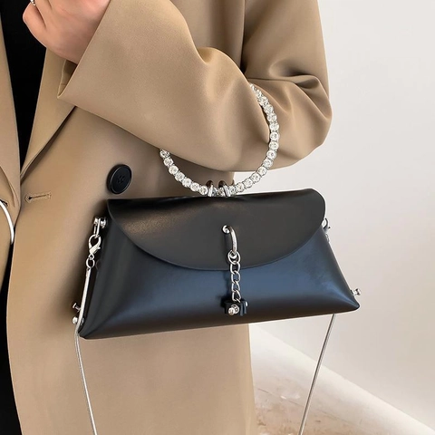 Women Evening Handbag Rhinestone Round Handle PU Leather Crossbody Bag Metal Chain Strap Shiny Elegant Party Purse