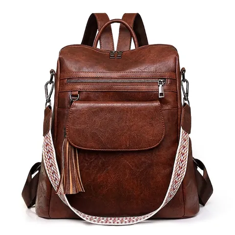 Mochila De Moda Para Mujer Cuero PU Retro Gran Capacidad Bolso De Viaje Con Correa Tejida Colorida Y Borla Informal