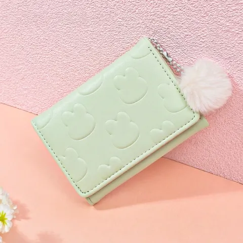 Portafoglio Piccolo Pieghevole Da Donna Kawaii Pelle PU Porta Carte Portamonete Coniglio Goffrato Con Pompon Dolce Ragazze