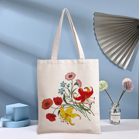 Floral Canvas Tote Bag Artistic Watercolor Flower Print Reusable Cotton Linen Shoulder Handbag For Women Daily Casual