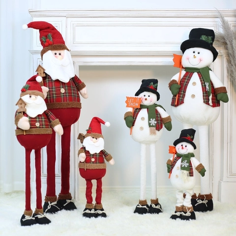 Christmas Plush Figurine Ornaments Santa Claus Snowman Telescopic Long Legs Adjustable Height Home Mall Window Decor