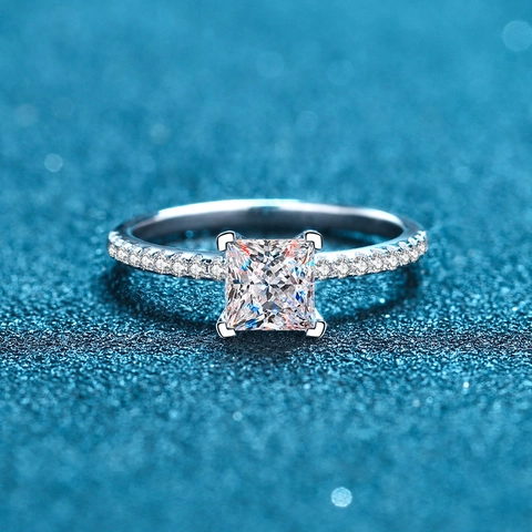 Bague En Argent Sterling 925 Avec Moissanite Taille Princesse Carrée Étincelante Mariage Fiançailles Pour Femmes
