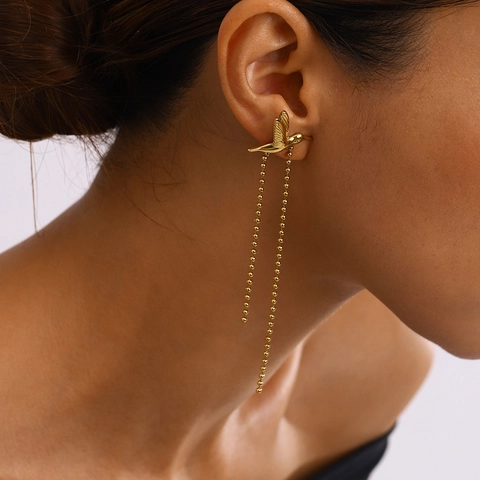Hummingbird Tassel Earrings Stainless Steel Gold Plated Hypoallergenic Long Dangle Ball Chain Vintage Jewelry For Women