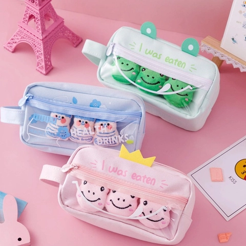 Süßes Kawaii Federmäppchen Große Kapazität Canvas Transparentes PVC Schreibwarentasche Mit Plüschfrosch Dekor Für Schülerinnen