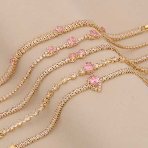 Pink Zircon Gold Plated Copper Bracelet Geometric Water Drop Heart Shape Tennis Jewelry Gift For Women Fashionable
